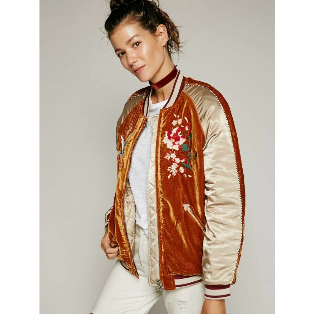 Free People Floral Brown Embroidered Bird Bomber Jacket XS Rare - Picture 2 of 6